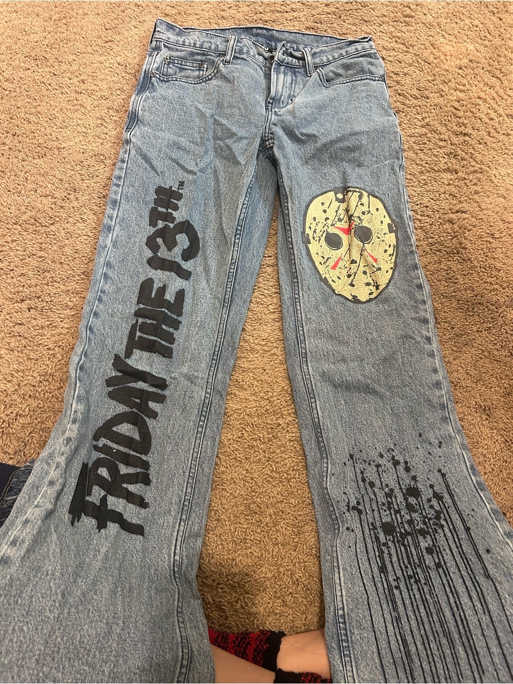 Friday the 13th Graphic Light Blue Unisex Jeans, slight fraying at bottom